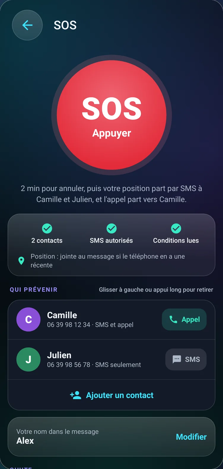 Écran SOS de VOKPIT : un grand bouton SOS, deux minutes pour annuler, puis la position part par SMS aux deux proches choisis et l'appel part vers l'un d'eux.