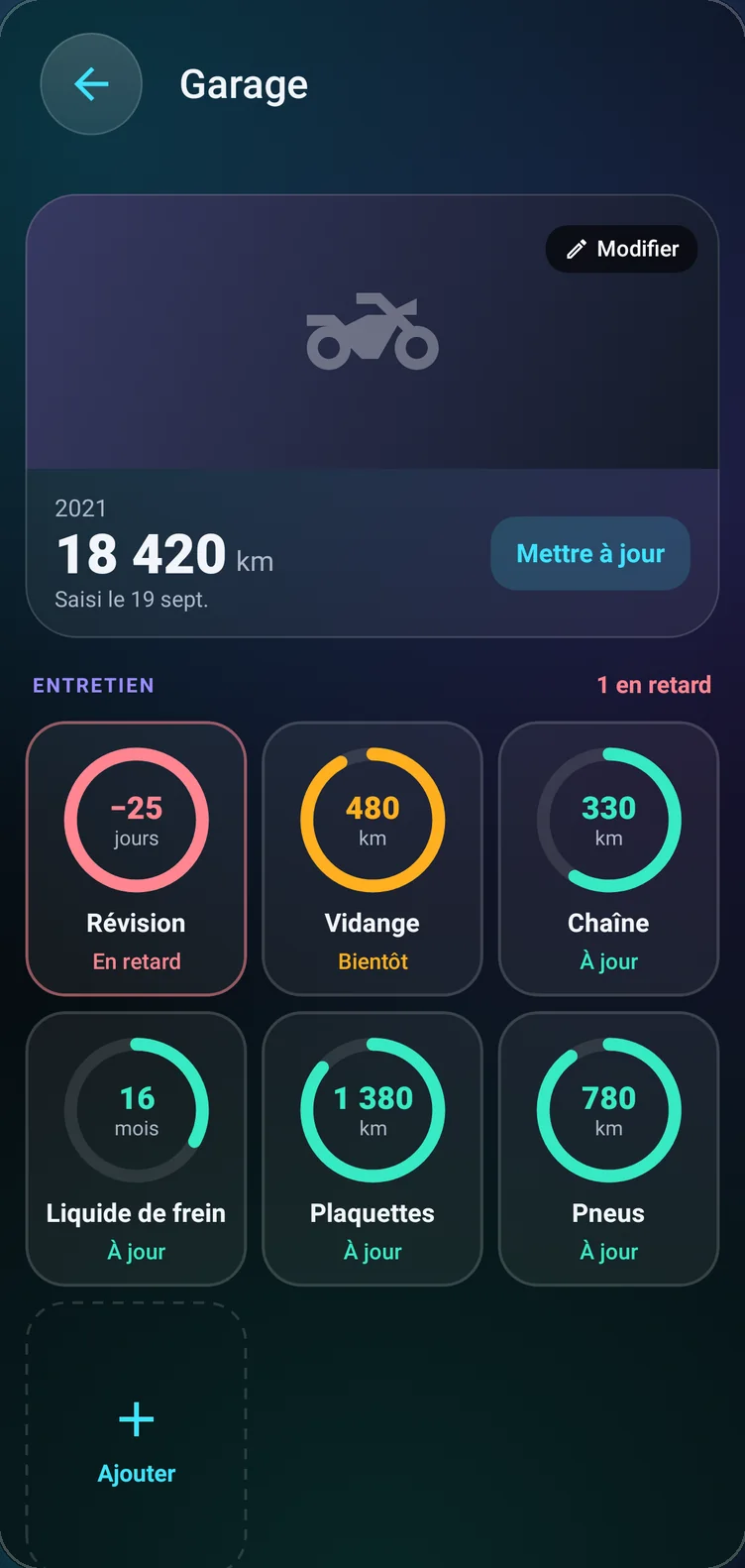 Garage : kilométrage de la moto et échéances d'entretien, révision, vidange, chaîne, pneus et plaquettes.